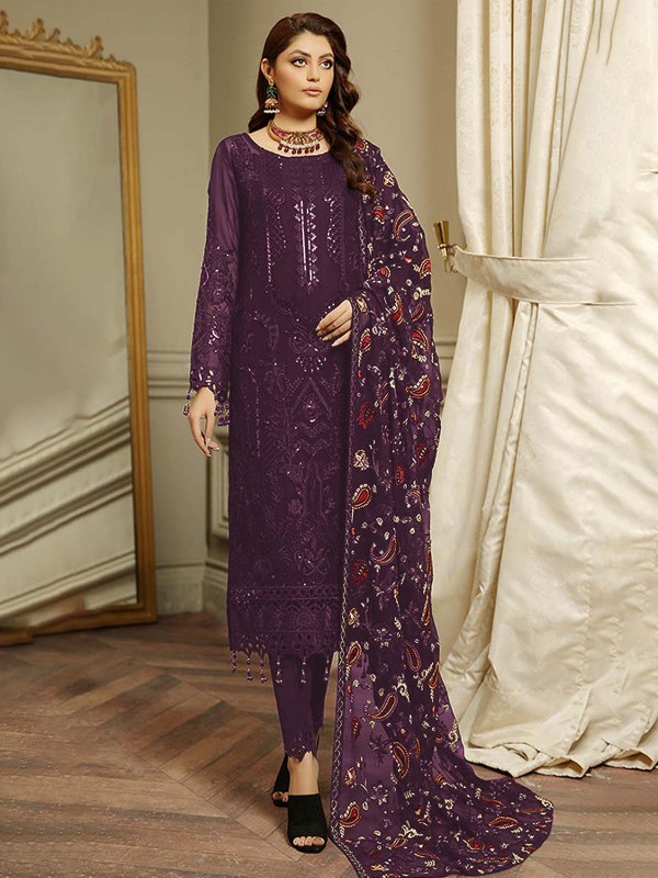 Dark Purple Faux Georgette Pakistani Style Suit